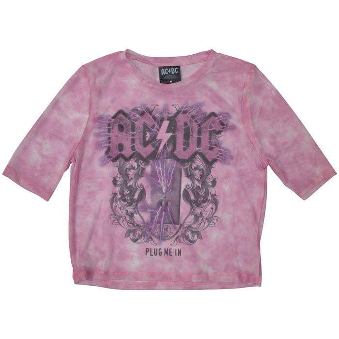AC/DC Plug Me In Pink Mesh Cropped Ladies Small T-Shirt