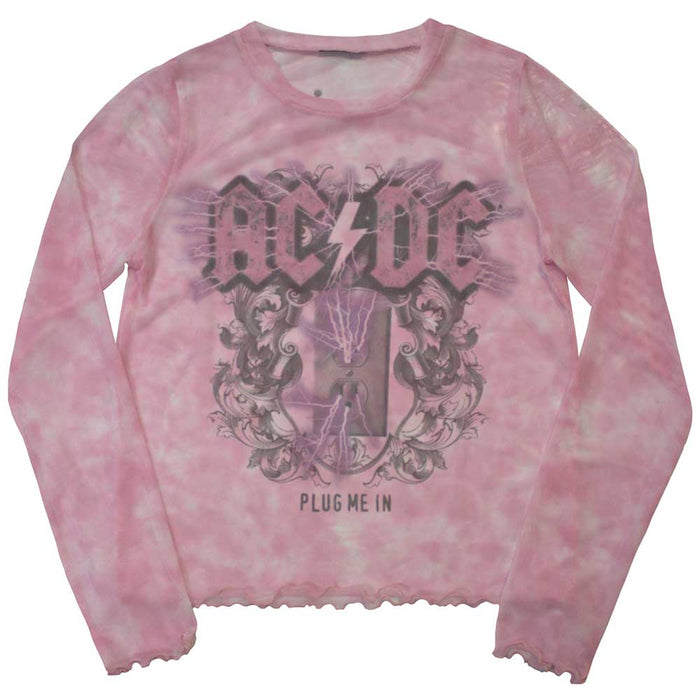 AC/DC Plug Me In Pink Mesh Long Sleeve XXL Ladies Crop Top T-Shirt