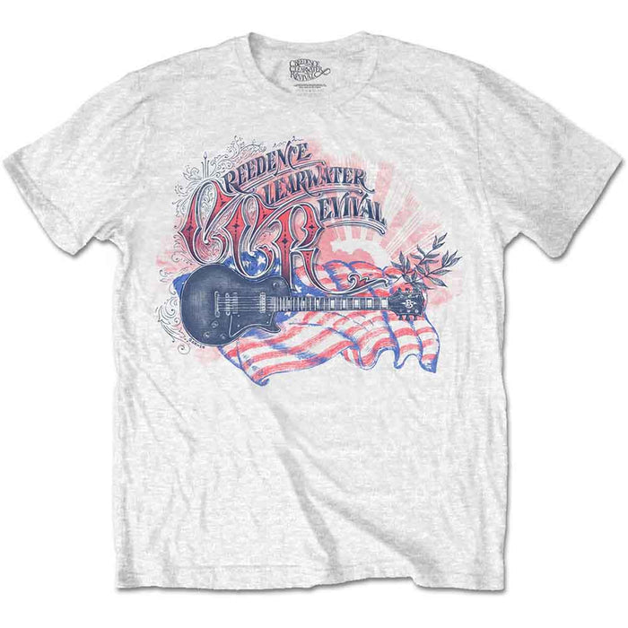 Creedence Clearwater Guitar & Flag White Large Unisex T-Shirt