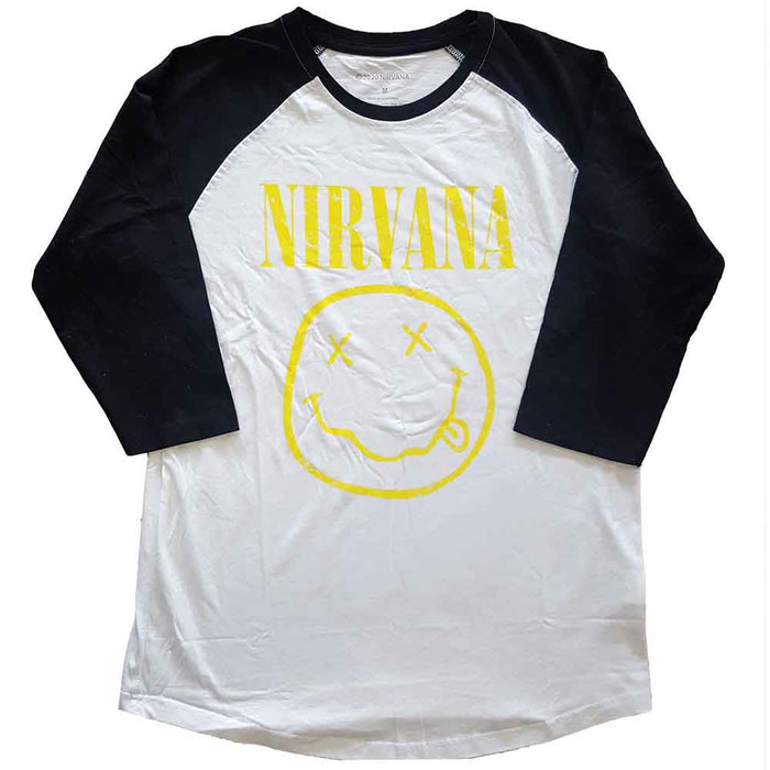 Nirvana Yellow Happy Face Raglan White Medium Unisex T-Shirt