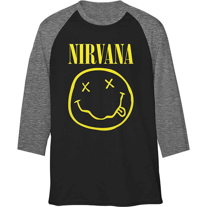 Nirvana Yellow Happy Face Raglan Black X-Large Unisex T-Shirt