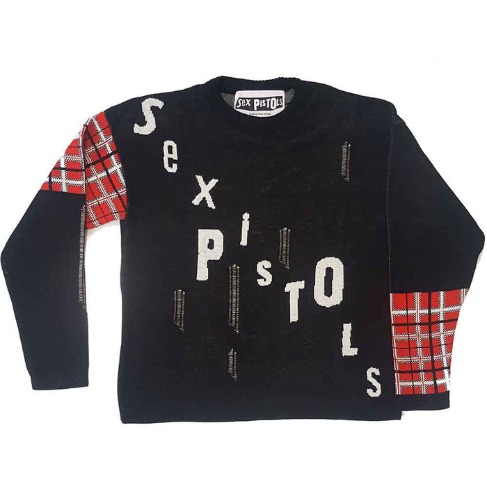 Sex Pistols Distressed Tartan Logo Black Large Unisex Sweatshirt