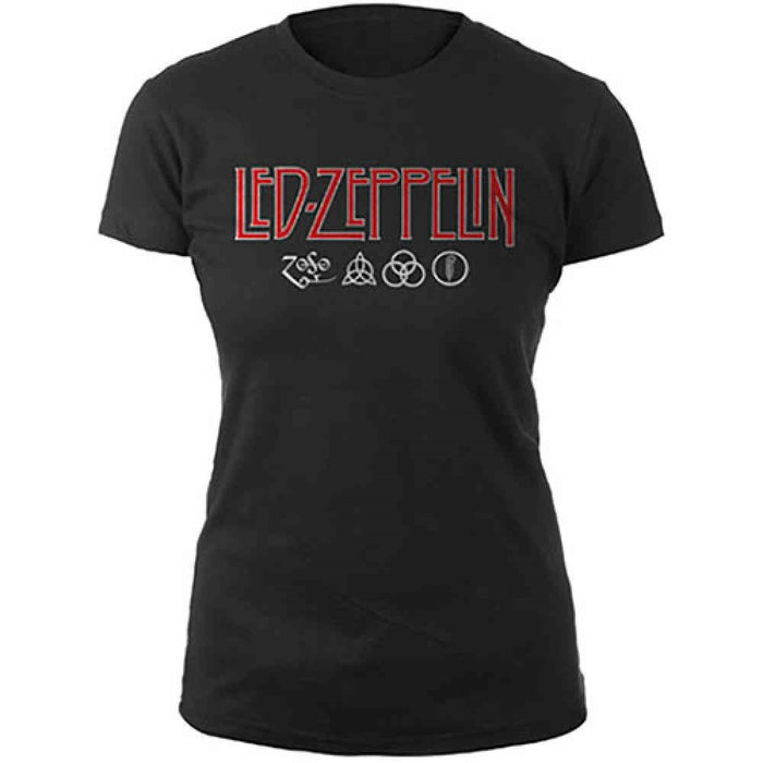 Led Zeppelin Logo & Symbols Black Large Ladies T-Shirt