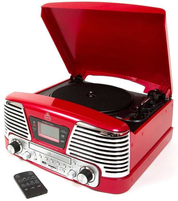 GPO MEMPHIS RETRO RECORD PLAYER WITH CD PLAYER FM RADIO & MP3 PLAYER NEW RED