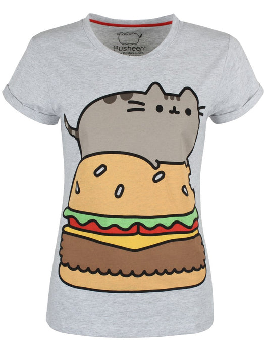 Pusheen the Cat Burger Womans Rolled Sleeve T Shirt Medium New Grey