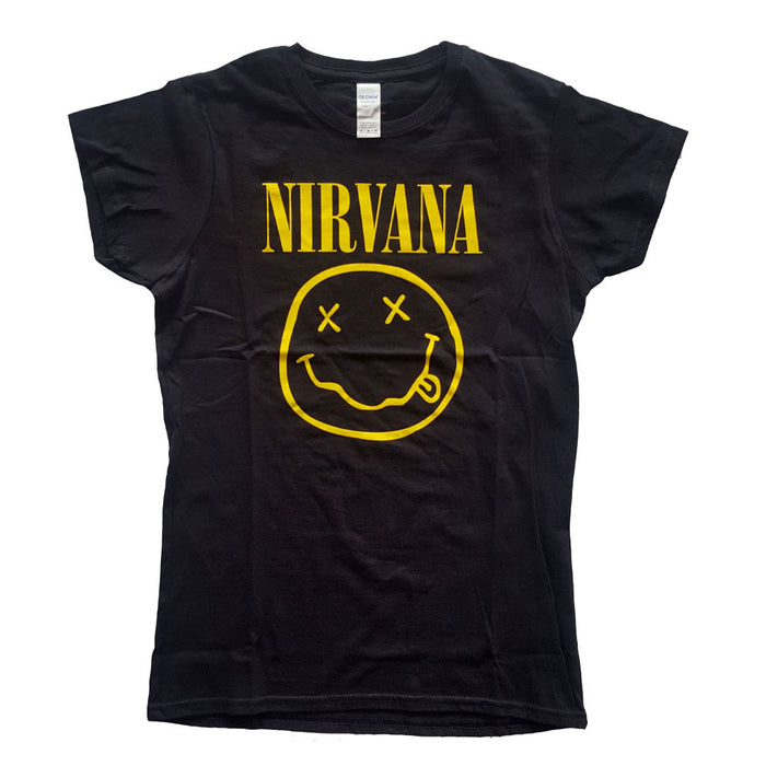 Nirvana Yellow Happy Face Ladies Black XSmall T Shirt